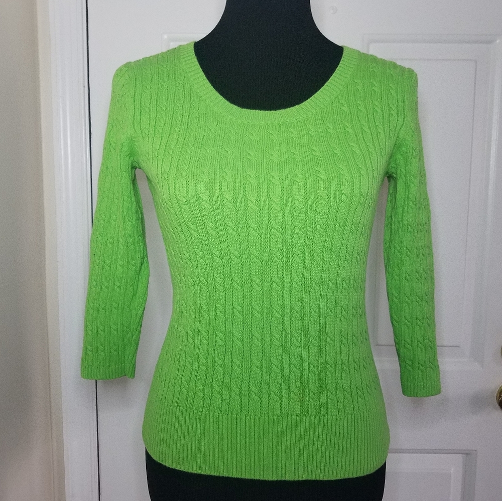 LOFT 3/4 Length Sleeve Crew Neck Cable Knit Sweater Preppy Green XS